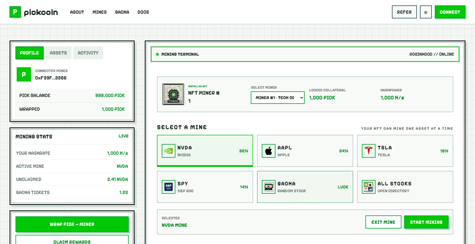 Pickcoin mining dashboard